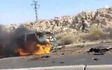Screen capture from video purportedly showing the remains of a car hit in an alleged Israeli strike in Syria that killed regime-linked businessman Baraa Katerji, July 15, 2024. (X. Used in accordance with Clause 27a of the Copyright Law)